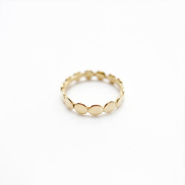 Handmade jewelry designed by Granville Island goldsmith, close up of 14 carat gold dot ring.