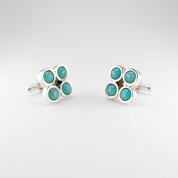 Four dot amazonite silver cufflinks handmade jewelry facing each other.