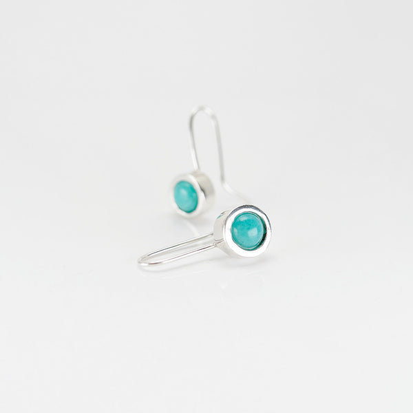 Handmade hanging silver and amazonite earrings by Granville Island Jewelers.