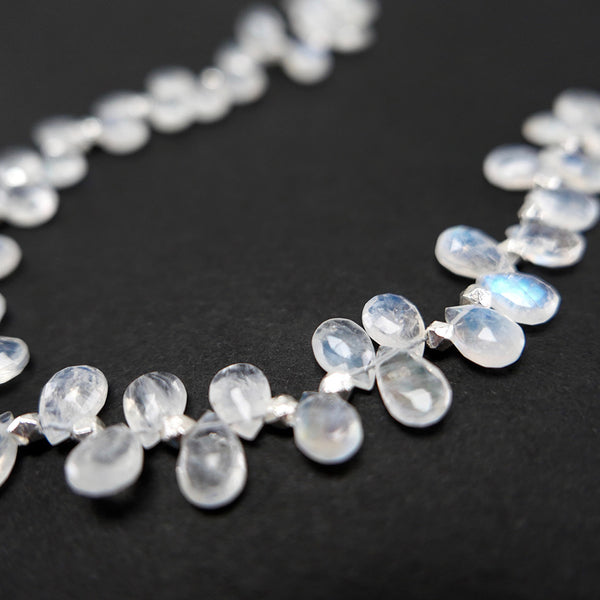 Close up view of section silver beaded moonstone necklace.