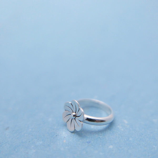 Angle view of silver sakura flower ring.